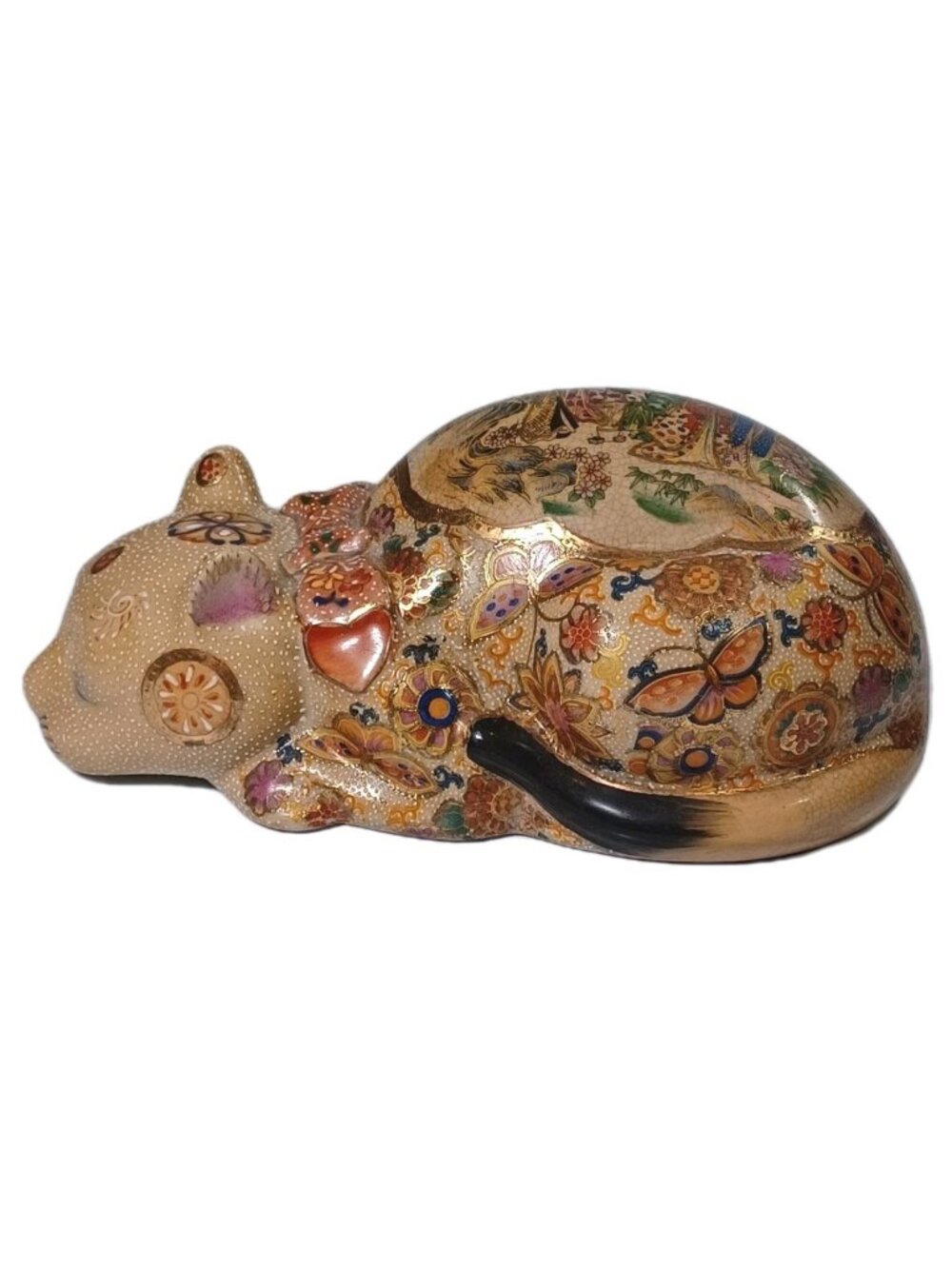 Vintage Japanese Satsuma Sleeping Cat Cloisonne Moriage Gold Accents Geishas But